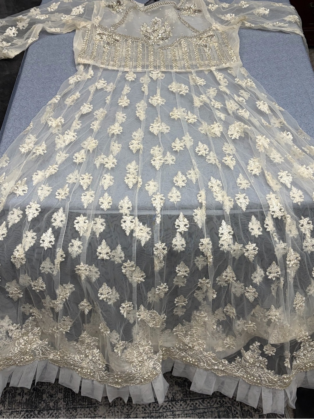 Mona Embroidery Pakistani Sheer Beaded Cream Dress Medium - Picture 9 of 9